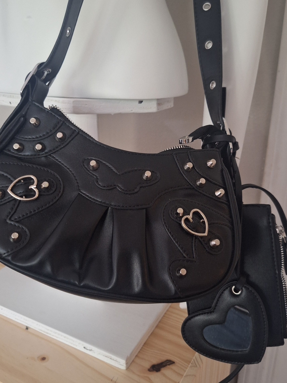 Black Heart-Accent Faux Leather Shoulder Bag